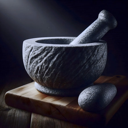 A heavy granite mortar mockup with pestle aside, on a wooden slab, Ai generated image