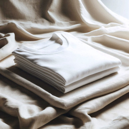 A pure white organic cotton t-shirt mockup, gently folded on hemp canvas, Ai generated image