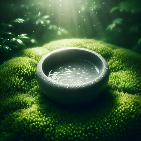 A shallow stone water bowl mockup for contemplation, in a bed of moss, Ai generated imageの写真素材