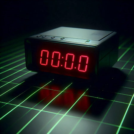 A black digital alarm clock mockup with red LED numbers, in a dark room with laser grid, Ai...