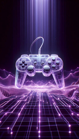 A three-pronged video game controller mockup in atomic purple, floating in cyberspace, Ai generated...