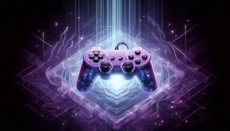 A three-pronged video game controller mockup in atomic purple, floating in cyberspace