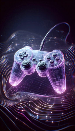 A three-pronged video game controller mockup in atomic purple, floating in cyberspace, Ai generated...