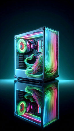 A clear acrylic PC tower case mockup with colored cables inside, on a mirror, Ai generated image