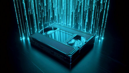 A glowing cyan VHS tape mockup, suspended in a dark space with digital rain, Ai generated image