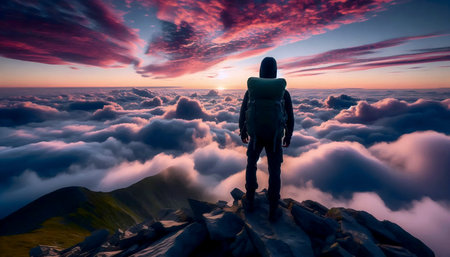 A backpackers moment of triumph and reflection on a mountain peak at dawn, Ai generated image