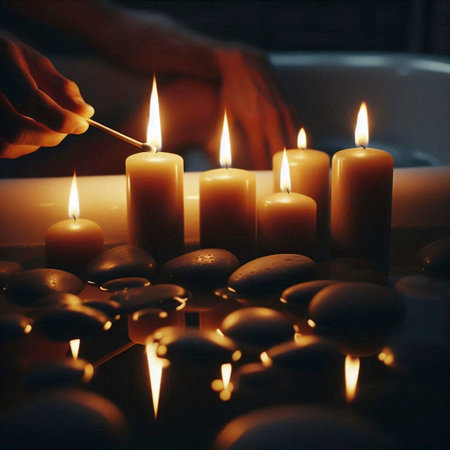 A serene evening ritual of lighting candles for a digital detox bath, Ai generated imageの写真素材