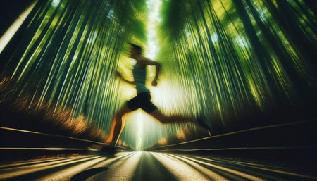 A trail runner in fluid motion on a narrow path through a dense, green bamboo forest, Ai generated...