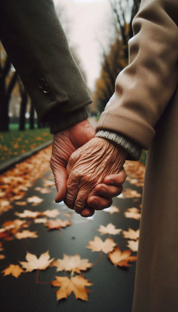 A silent conversation of love: an older couples hands gently holding while walking, Ai generated...