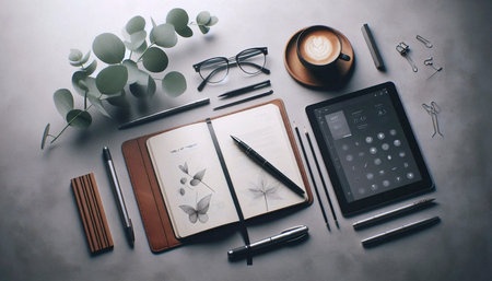 A detailed, aspirational shot of a curated workspace for creative flow, Ai generated image
