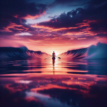 A solitary surfer paddles out at dusk, a silhouette against a fiery, reflective ocean, Ai generated...