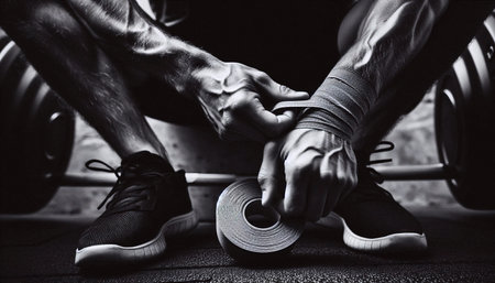 A transformative moment of personal fitness: hands wrapping athletic tape with focused...