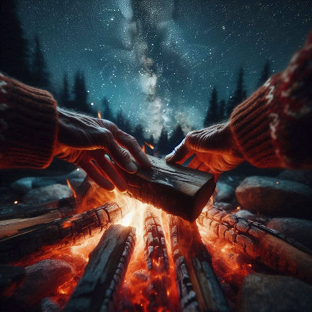 A moment of solitary reflection while camping: hands stoking a campfire under a starry sky, Ai...