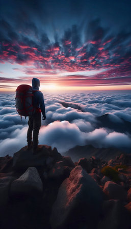 A backpackers moment of triumph and reflection on a mountain peak at dawn, Ai generated image