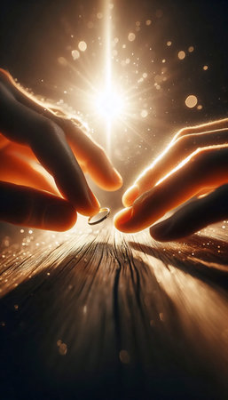 An intimate proposal moment, focused solely on the hands and wedding rings at sunset, Ai generated...