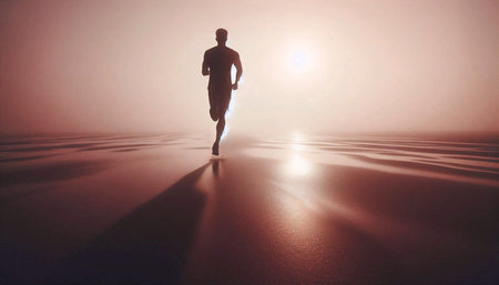 A solitary runners silhouette on a misty beach at sunrise, embodying freedom and energy, Ai...