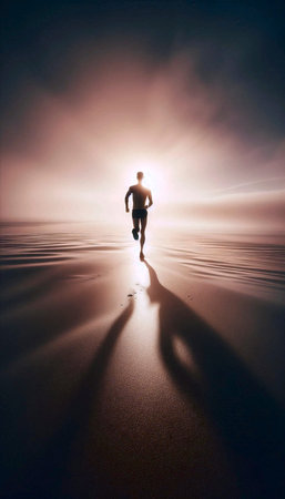 A solitary runners silhouette on a misty beach at sunrise, embodying freedom and energy, Ai...