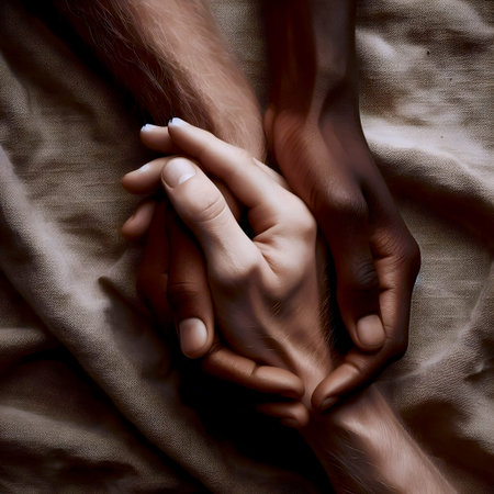 A diverse and tender gesture of hands interlocking, symbolizing authentic connection and unity, Ai...