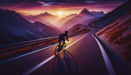 An adventurous cyclist conquers a winding mountain road at sunset, viewed from behind, Ai generated...