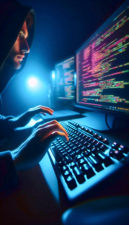 A creative coders flow state: hands hovering over a mechanical keyboard with code glowing on a dark...