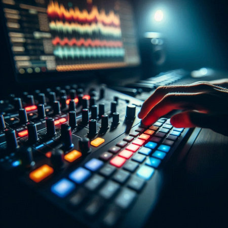 A musician loses themselves in the creative flow while composing on a digital audio workstation, Ai...