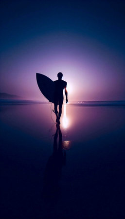 A surfers pre-dawn ritual: carrying a board towards the ocean in the first light, Ai generated image