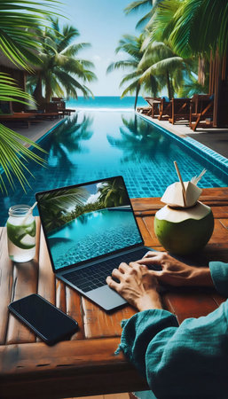 A digital nomads seamless transition between work and wanderlust at a tropical co-working cafe, Ai...