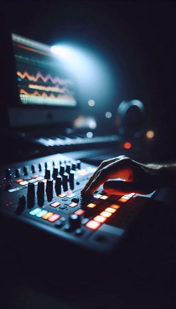 A musician loses themselves in the creative flow while composing on a digital audio workstation, Ai...