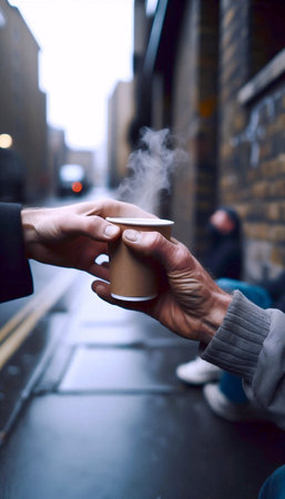 A silent act of street kindness: one hand offering a warm drink to another, Ai generated image