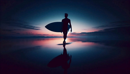 A surfers pre-dawn ritual: carrying a board towards the ocean in the first light, Ai generated image