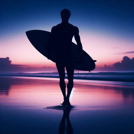 A surfers pre-dawn ritual: carrying a board towards the ocean in the first light