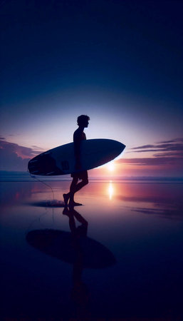 A surfers pre-dawn ritual: carrying a board towards the ocean in the first light