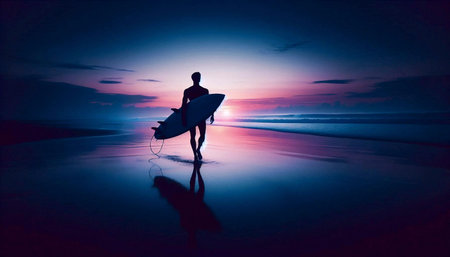 A surfers pre-dawn ritual: carrying a board towards the ocean in the first light, Ai generated image