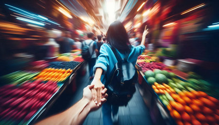 Partners walking through a bustling city market, their hands linked, one pointing at something...