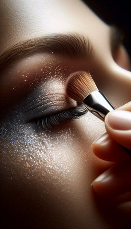A moment of professional makeup application, focusing on the precise brushstroke on a clients...