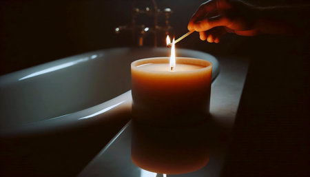 A luxurious, scented candle being lit as part of a bathing ritual, the flame reflecting in the water, Ai generated imageの写真素材