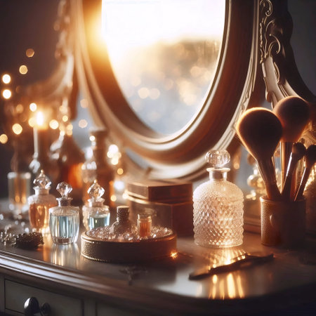 A well-organized, aesthetic vanity table with perfume bottles catching the golden hour light, Ai generated imageの写真素材