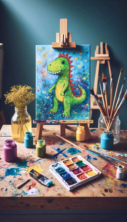 A creative art station: a small easel with a colorful painting, jars of brushes, and spilled watercolorsの写真素材