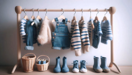 A cute, organized closet with tiny clothes on miniature hangers and little shoes lined up below, Ai generated imageの写真素材