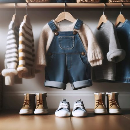 A cute, organized closet with tiny clothes on miniature hangers and little shoes lined up below, Ai generated imageの写真素材