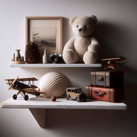 A floating shelf display of cherished childhood treasures: a seashell, a pinecone, a model planeの写真素材