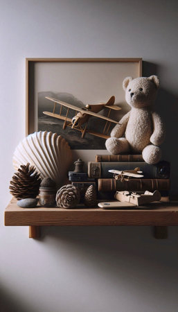 A floating shelf display of cherished childhood treasures: a seashell, a pinecone, a model plane, Ai...