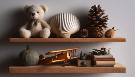 A floating shelf display of cherished childhood treasures: a seashell, a pinecone, a model planeの写真素材