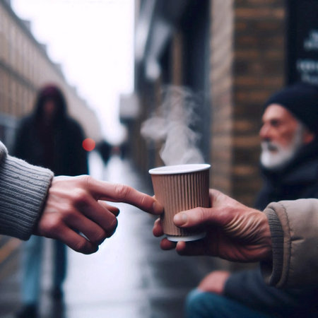 A silent act of street kindness: one hand offering a warm drink to another