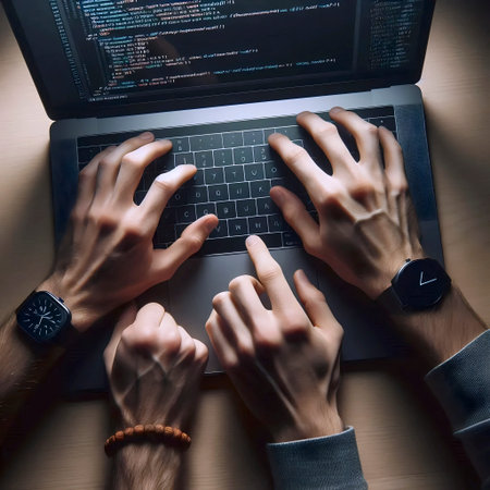 A focused software developer engages in pair programming, a study of collaboration and different...