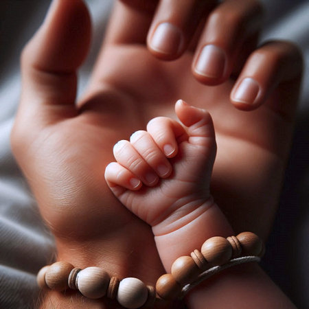 A babys tiny hand gripping an adults finger, both adorned with a simple, matching beaded bracelet, Ai generated imageの写真素材