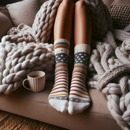 A persons feet in cozy, mismatched socks peeking out from under a giant knitted blanket on a couch, Ai generated imageの写真素材
