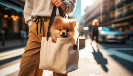 A playful shot of a small dog peeking out from a stylish canvas tote bag on a city street, Ai generated imageの写真素材