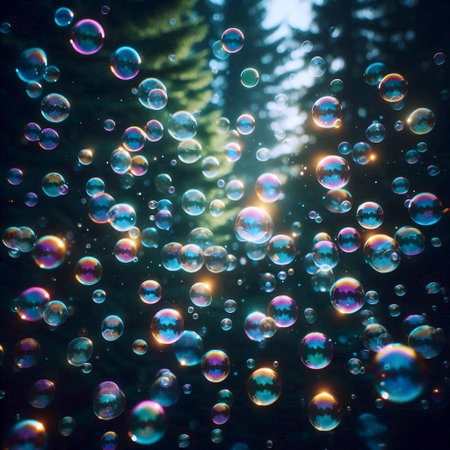 A whimsical shot of colorful, translucent soap bubbles floating against a dark green forest...