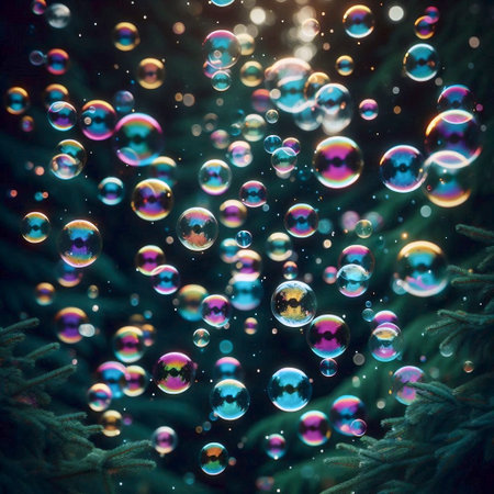 A whimsical shot of colorful, translucent soap bubbles floating against a dark green forest...